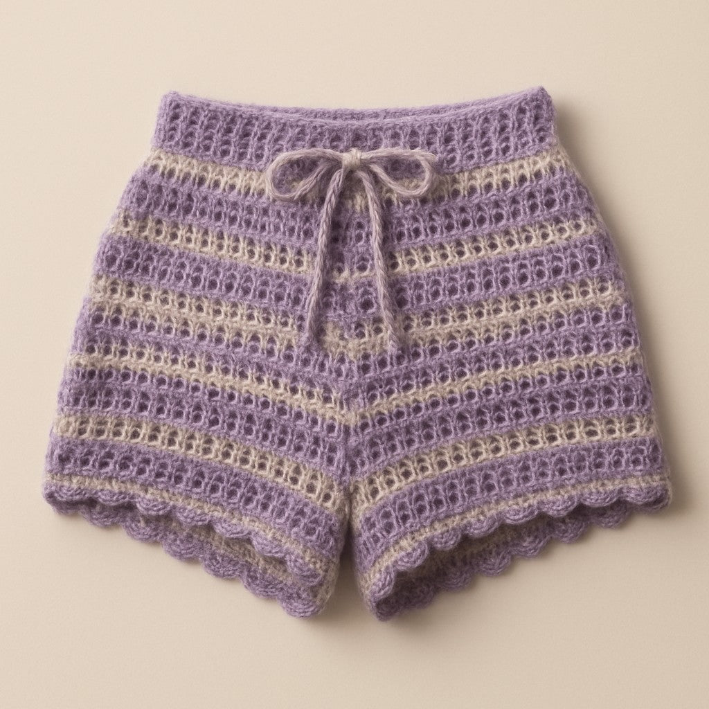 Yarnspresso — Boho Vibes Festival Shorts — Mohair Roll Ecru, Purple Shades Knitting Pattern