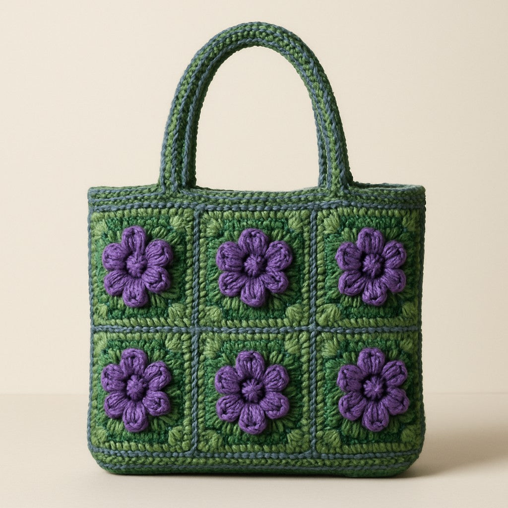 Yarnspresso — Vibrant Beach Tote with Knitted Floral Panels — Knitting Pattern