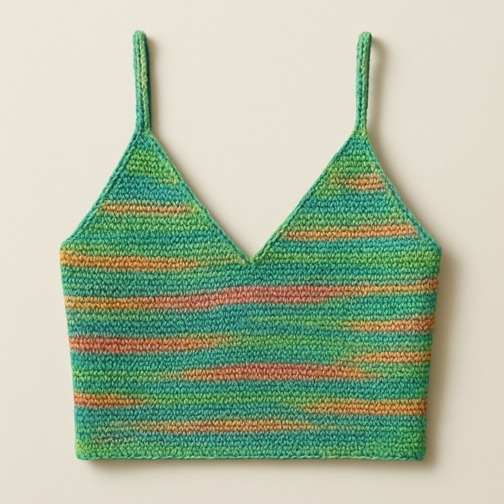 Yarnspresso — Vibrant V-Neck Summer Bralette — Sock Varicolor Green Shades, Blue, Orange, Pink Knitting Pattern